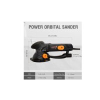 MAXXT MDMS500 Power Orbital Sander mit Maßangaben: Gesamtlänge 34 cm, Höhe 16 cm, Schleifteller 6 (150 mm), 4.500–6.250 rpm, Hub 3/16 (5 mm), Gewicht 6,79 lbs (3,08 kg), Anschluss 2,7 cm (1-1/16).